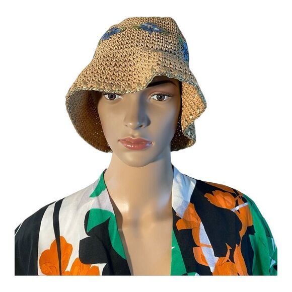 Women’s Beige Woven Paper Hat with Light Blue Flowers One Size Fits Most 12x8in - Picture 1 of 16